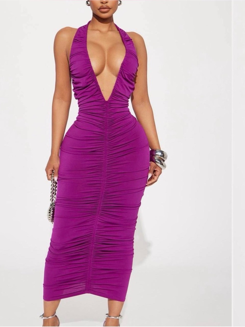 Fashion Nova Deep V Halter Ruched Bodycon Dress in Purple - Picture 3 of 8